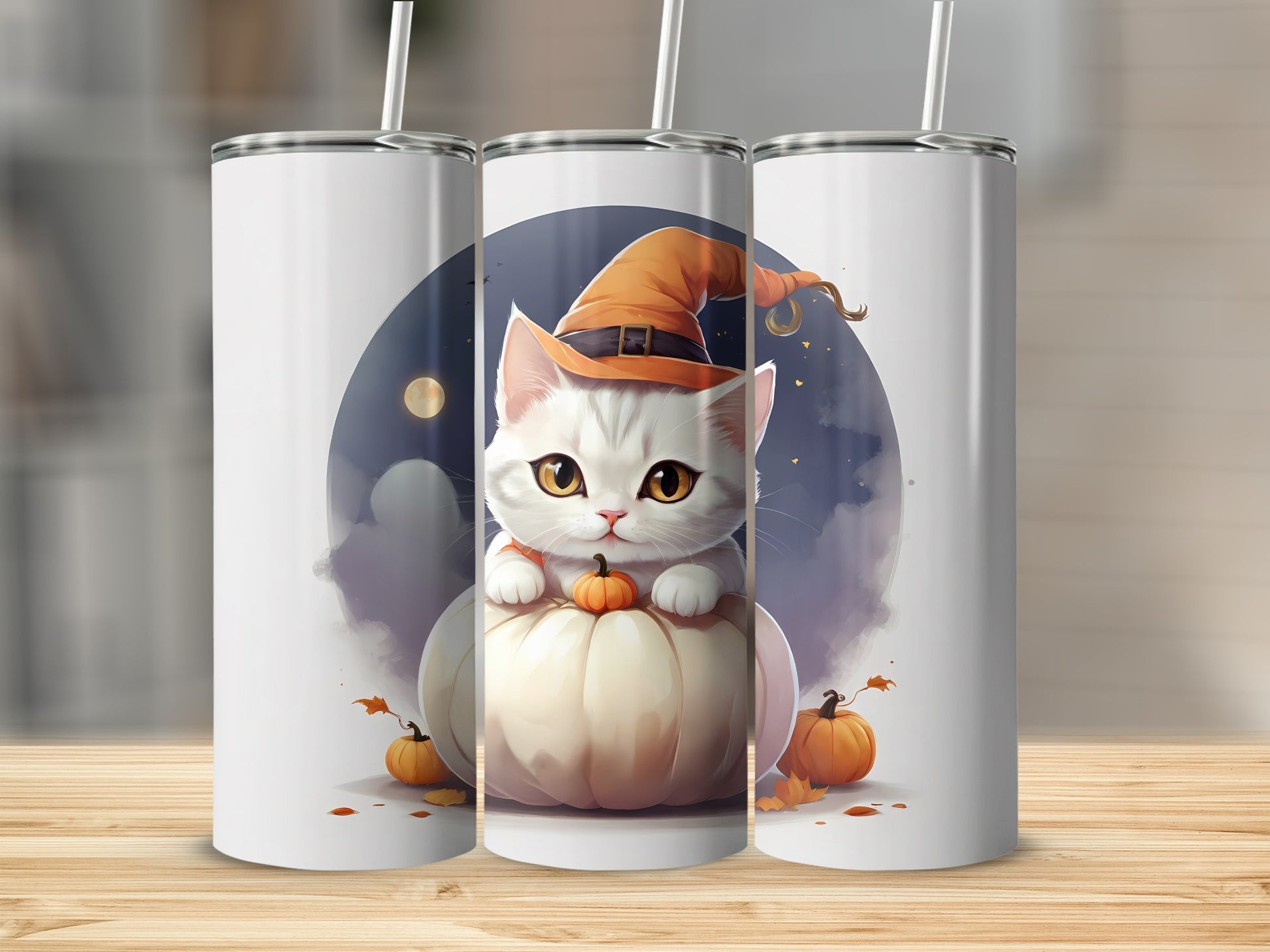 White cat in witch hat sits on pumpkin, Halloween themed.