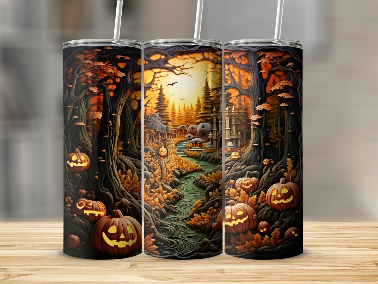 Three tumblers featuring a spooky Halloween forest scene with carved pumpkins.