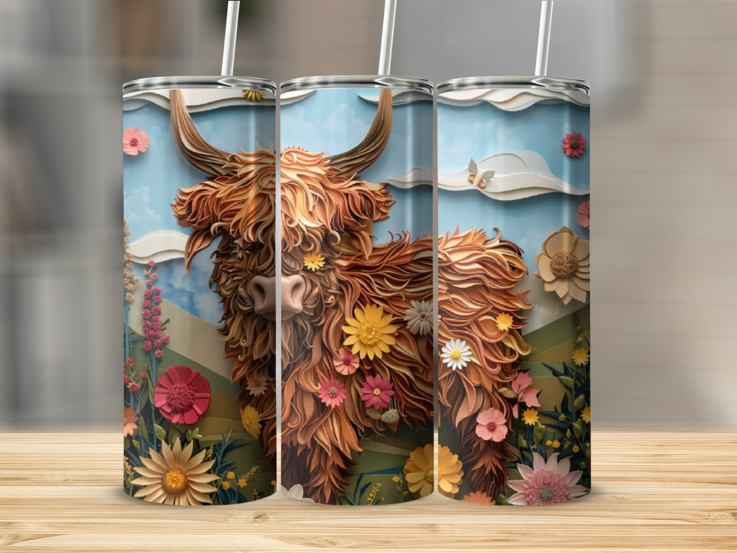 Highland cow adorned with flowers on a textured blue background.