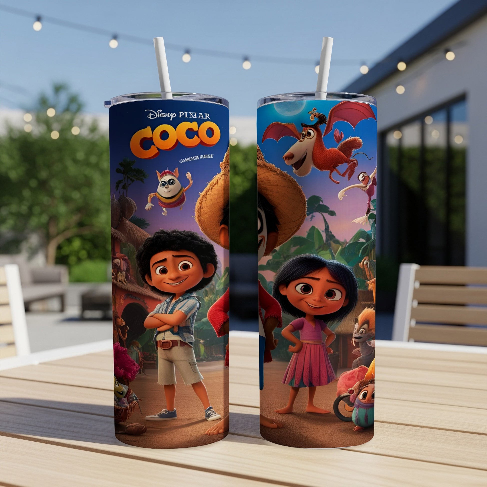 Coco movie characters Miguel and Xolo on a blue tumbler.