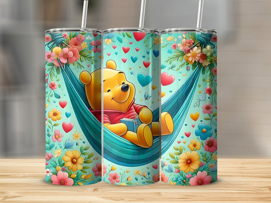 Winnie The Pooh in Hammock Surrounded By Hearts Flowers Tumblers