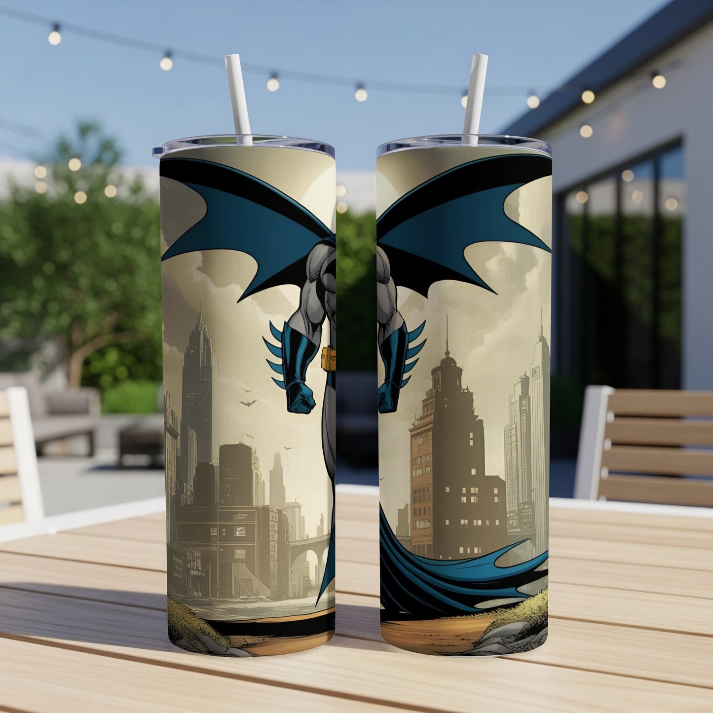Batman soaring above a cityscape on a matte tumbler.