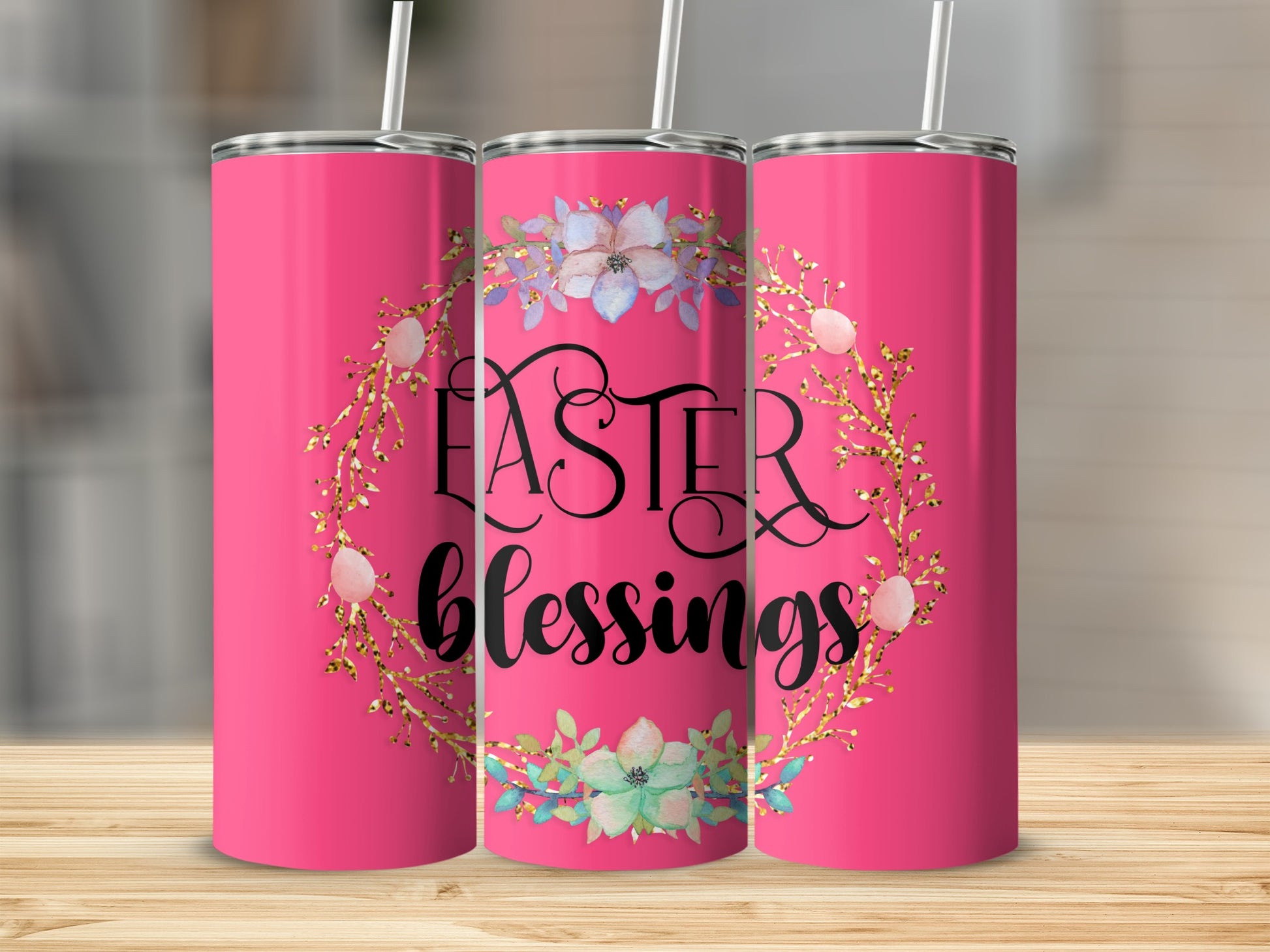 Pink tumbler with "Easter Blessings" text and floral wreath design.