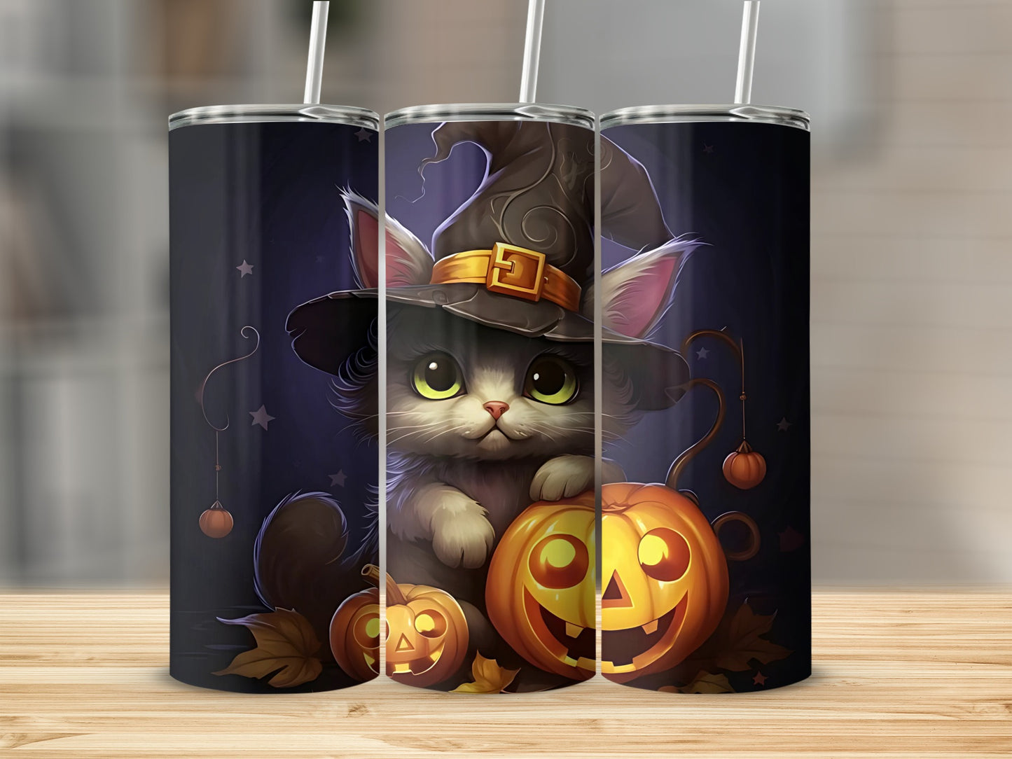 Halloween cat in witch hat with pumpkins on a tumbler.