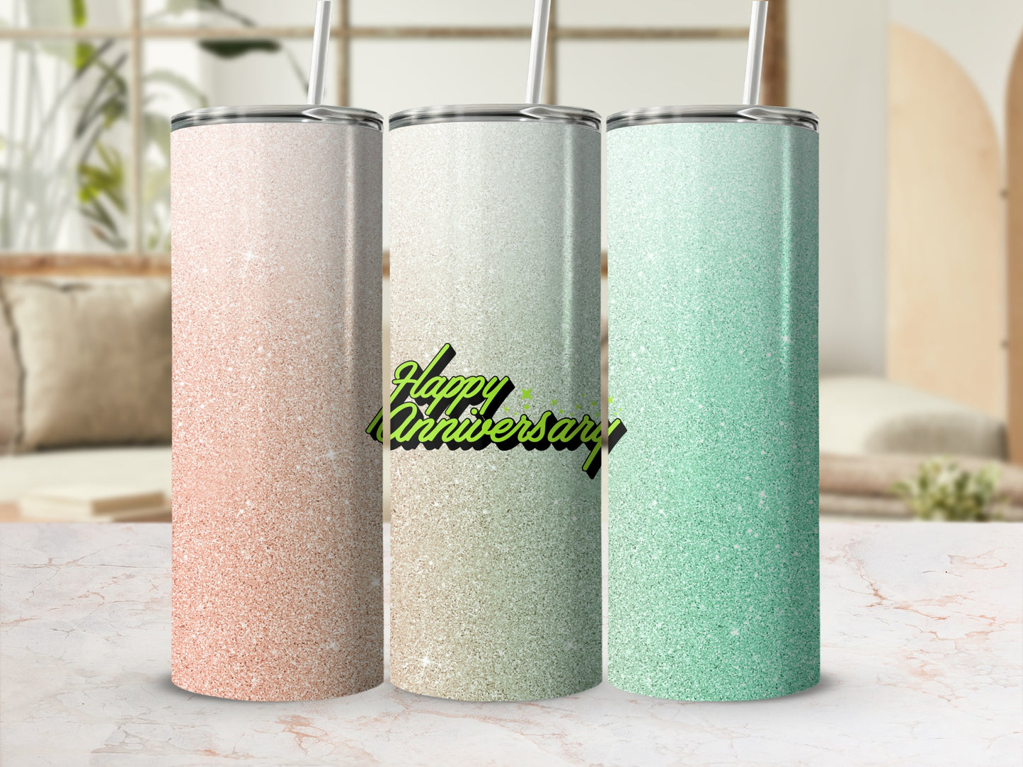 Three glitter tumblers with "Happy Anniversary" text.