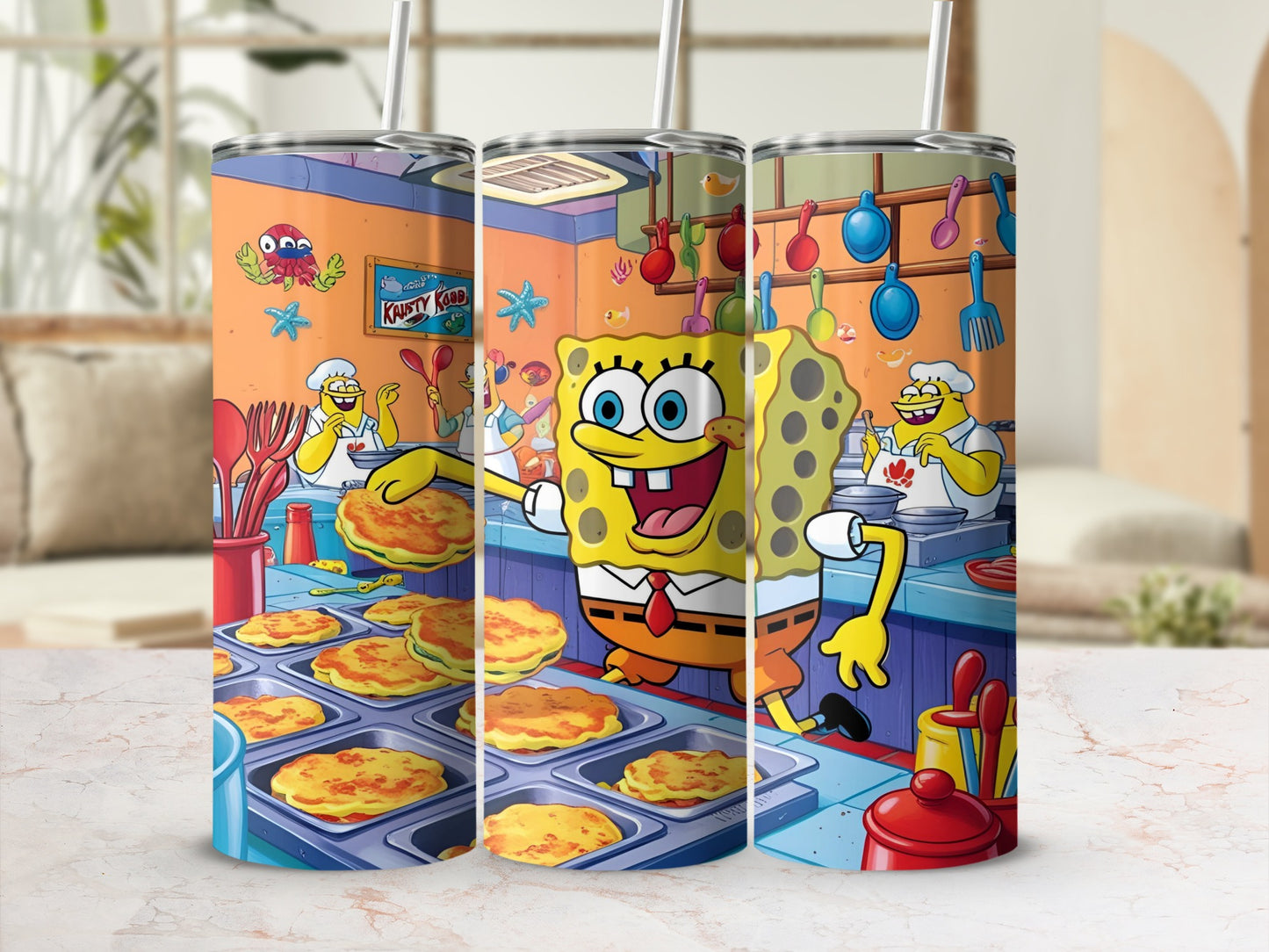 SpongeBob SquarePants making Krabby Patties in a kitchen.