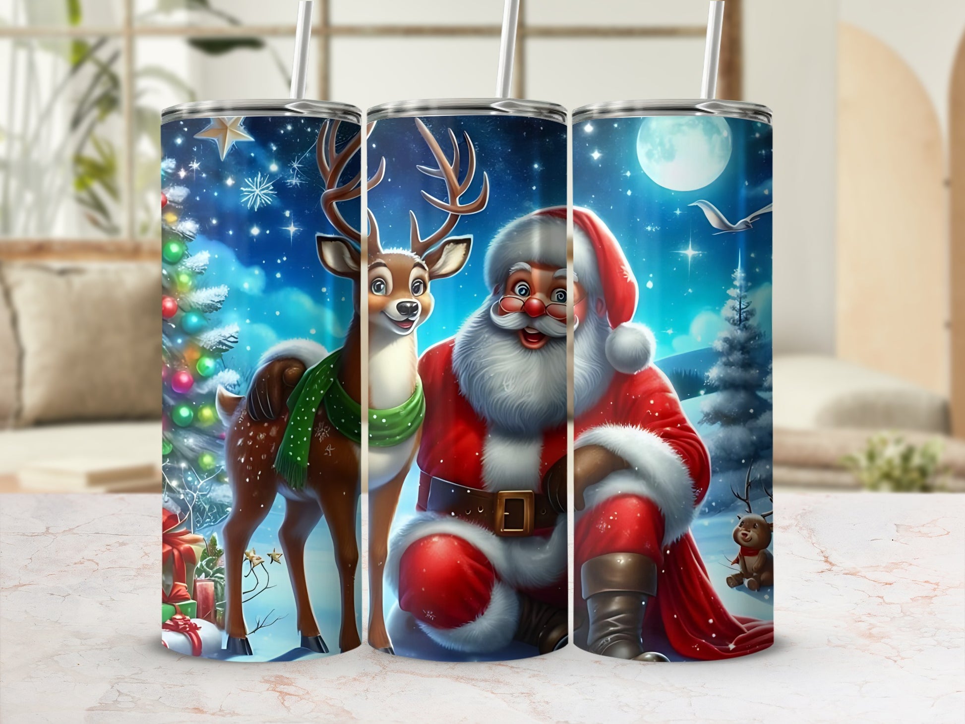 Festive Santa and Reindeer Christmas Scene Tumbler