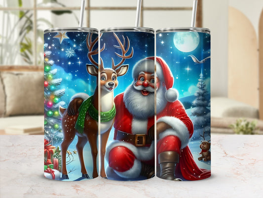 Festive Santa and Reindeer Christmas Scene Tumbler