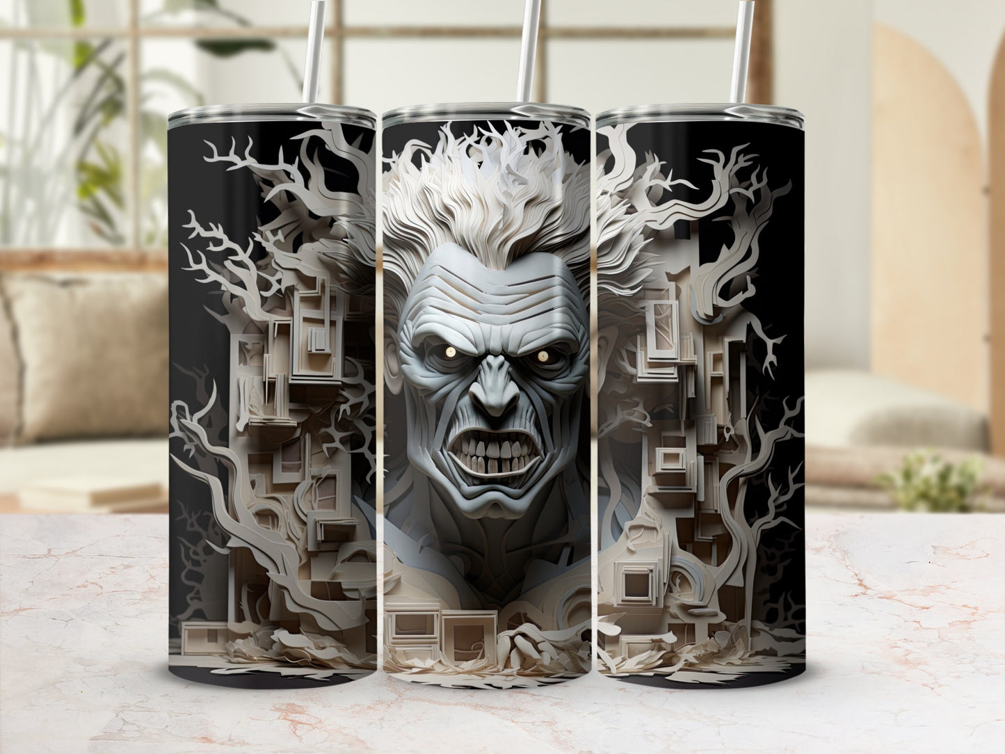 Three tumblers featuring a detailed, snarling monstrous face surrounded by layered paper-like trees and structures.