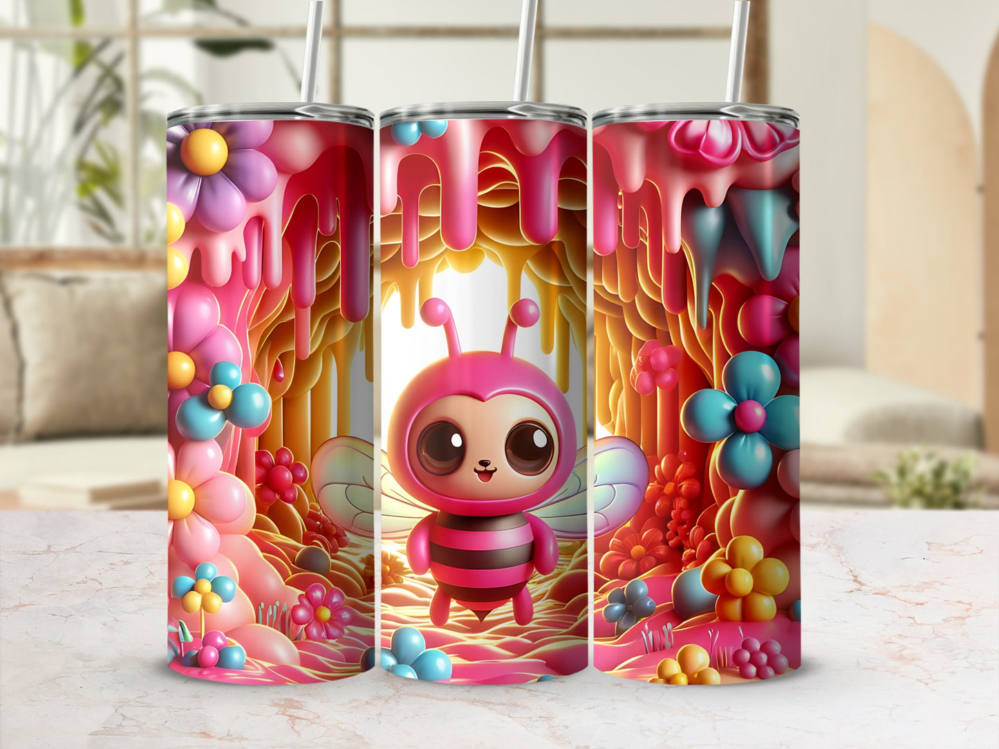 Cute cartoon bee with pink flowers and dripping honey in a whimsical scene.