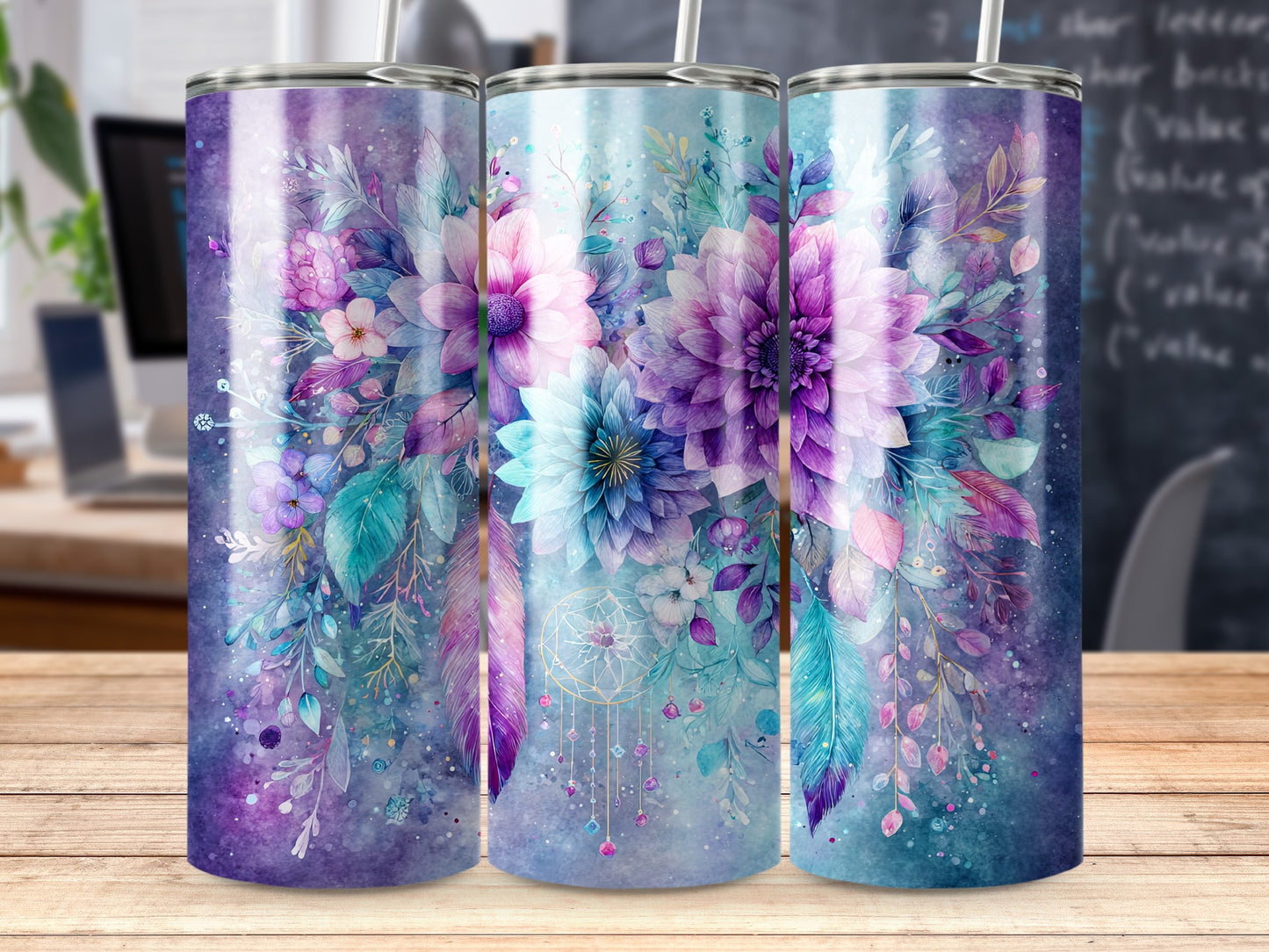 Floral Dreamcatcher Tumbler with Dazzling Blue Purple Design
