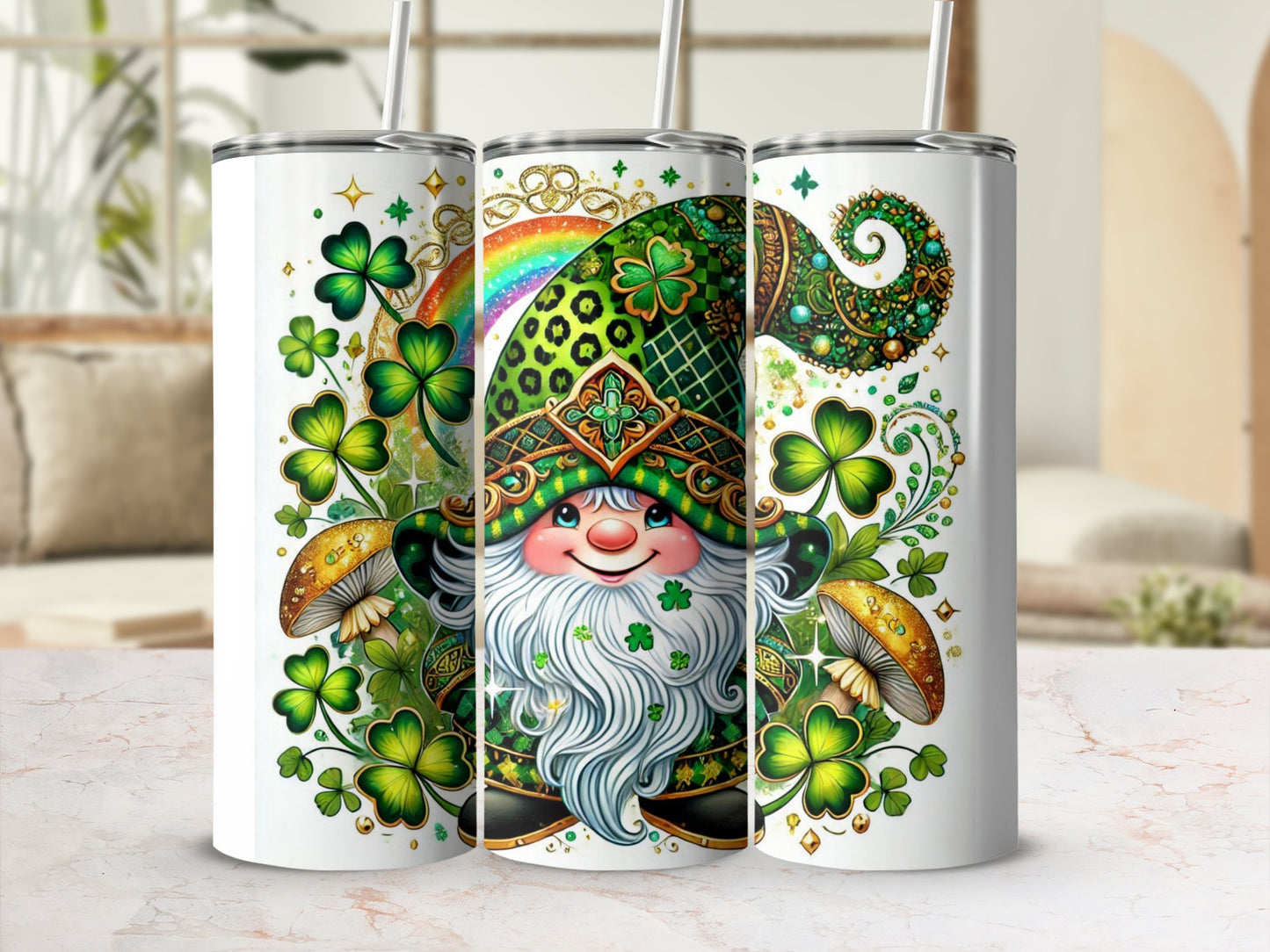 Leprechaun with shamrocks, mushrooms, and rainbow patterns on a tumbler.