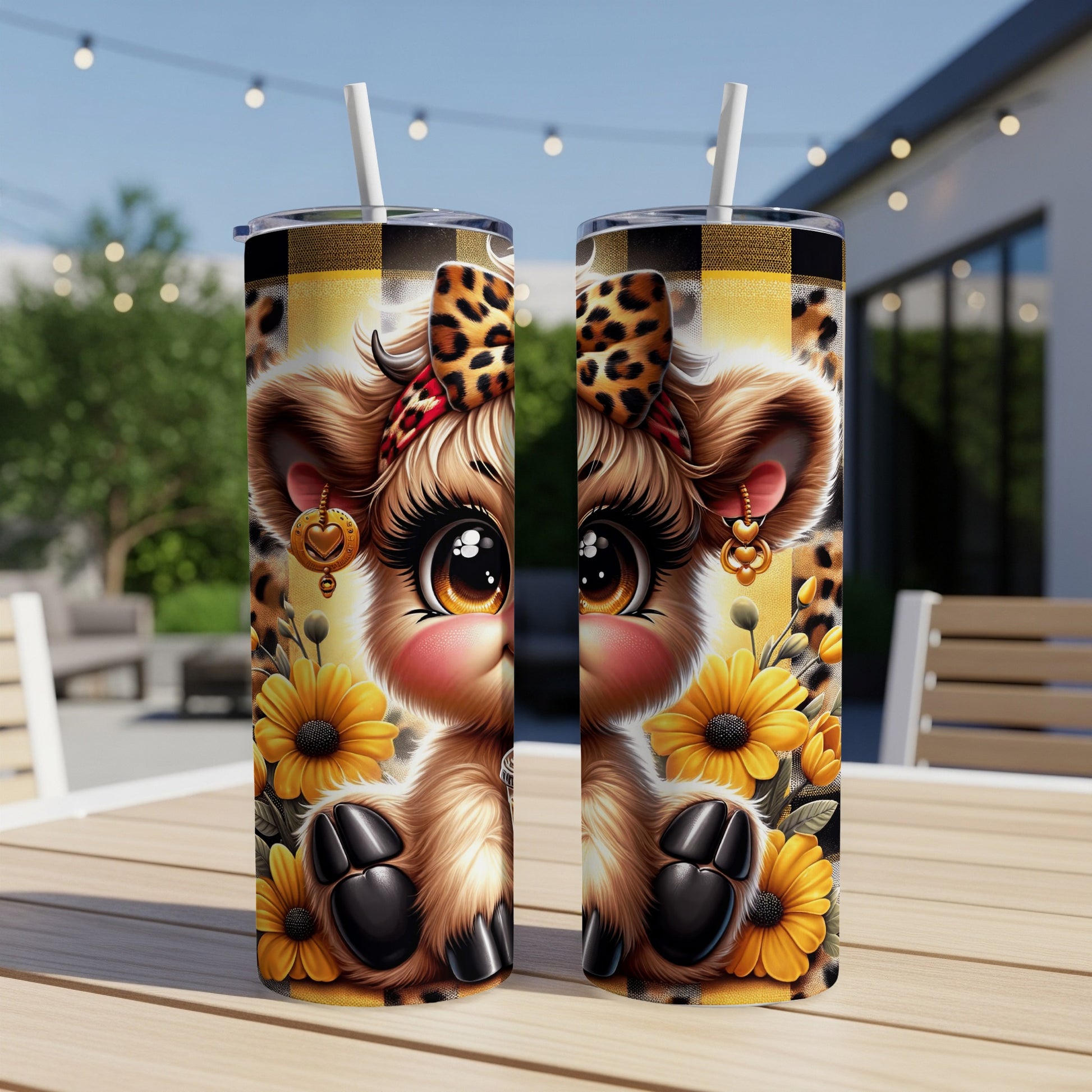 Two cow print tumblers with large, expressive eyes and sunflower embellishments.