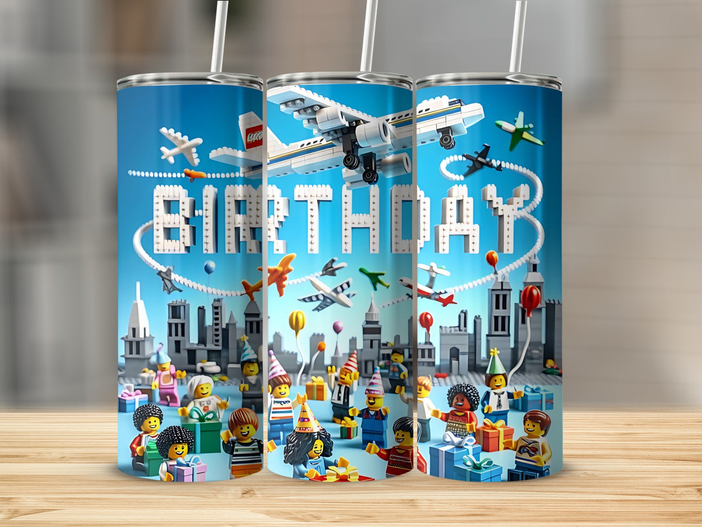 Birthday Theme Airplane and Lego Building Tumbler
