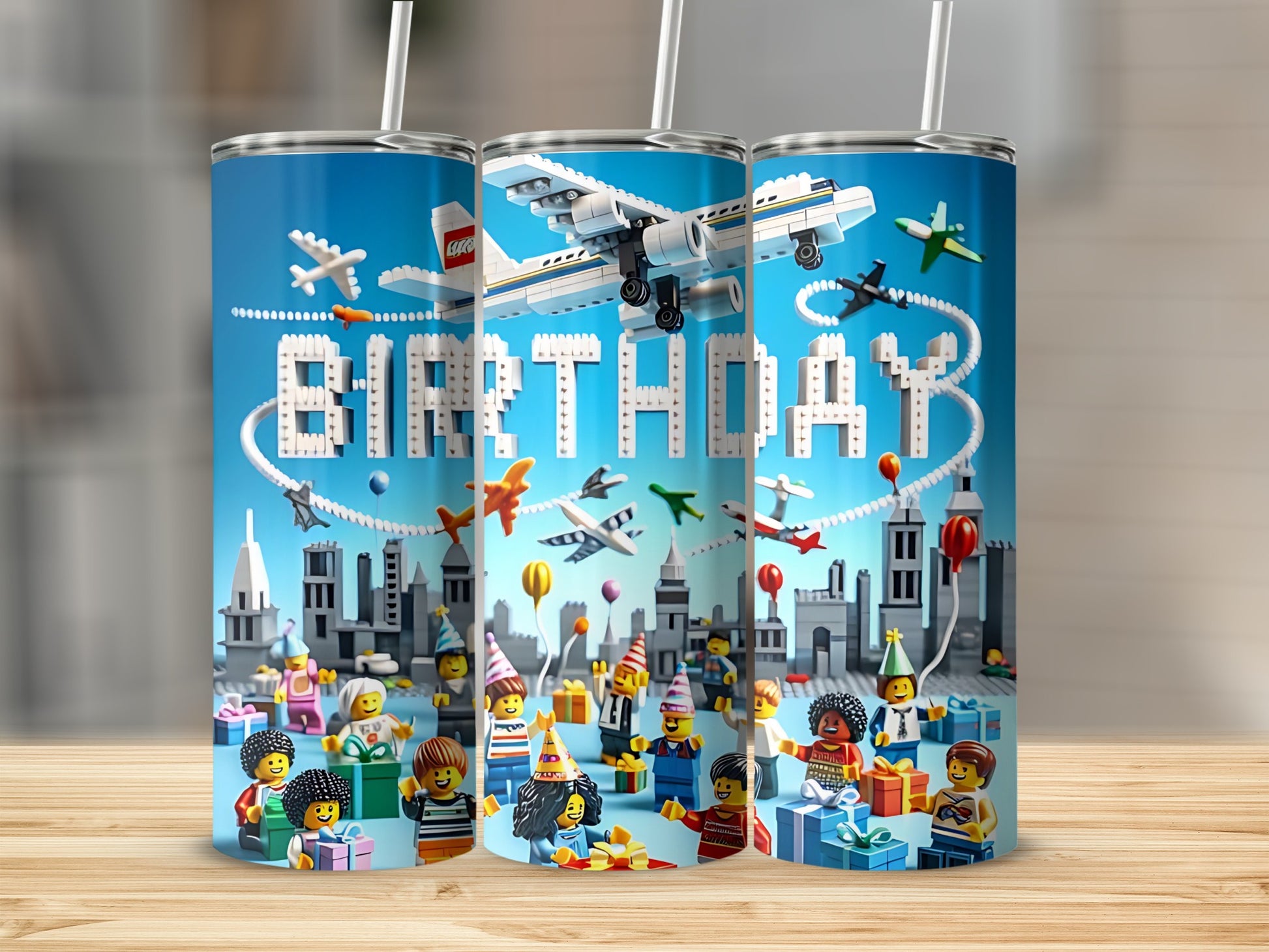 Birthday Theme Airplane and Lego Building Tumbler
