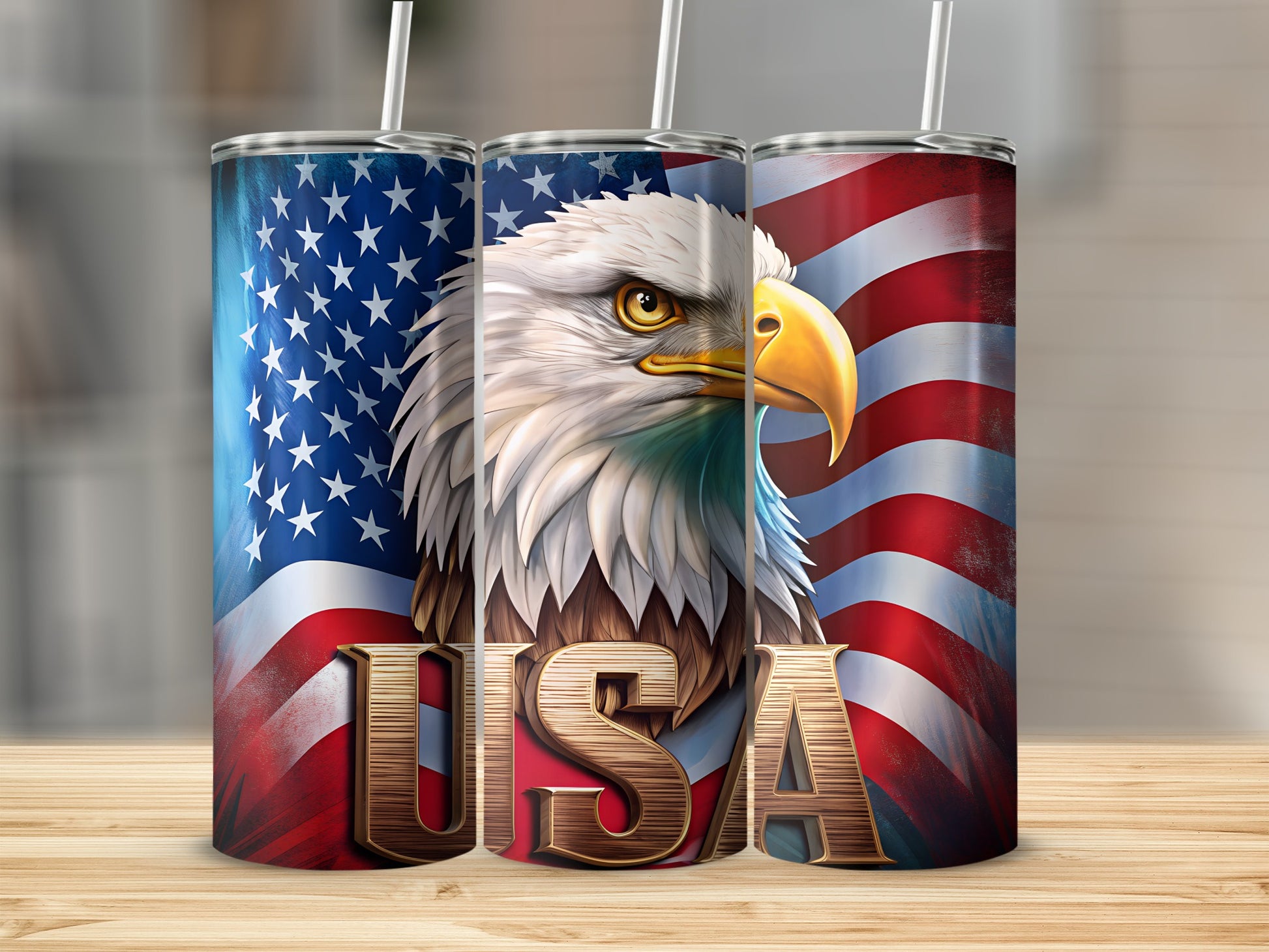 Eagle and USA text on tumblers with American flag background.