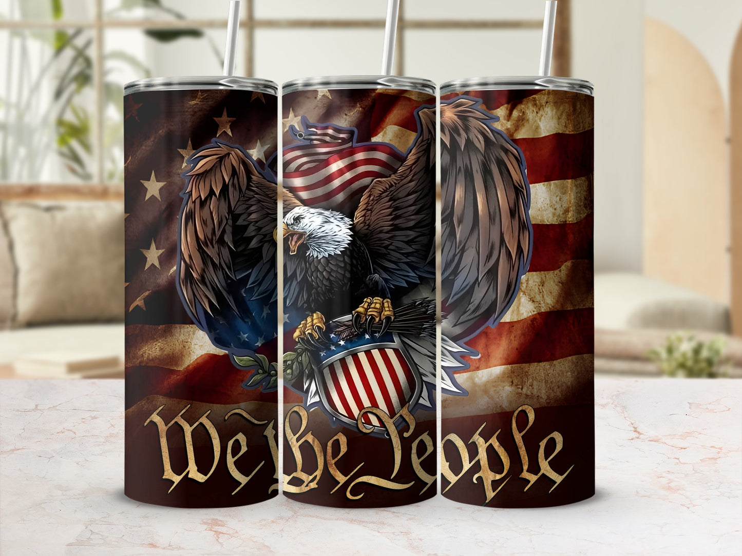 Eagle with American flag and "We the People" text on a tumbler.