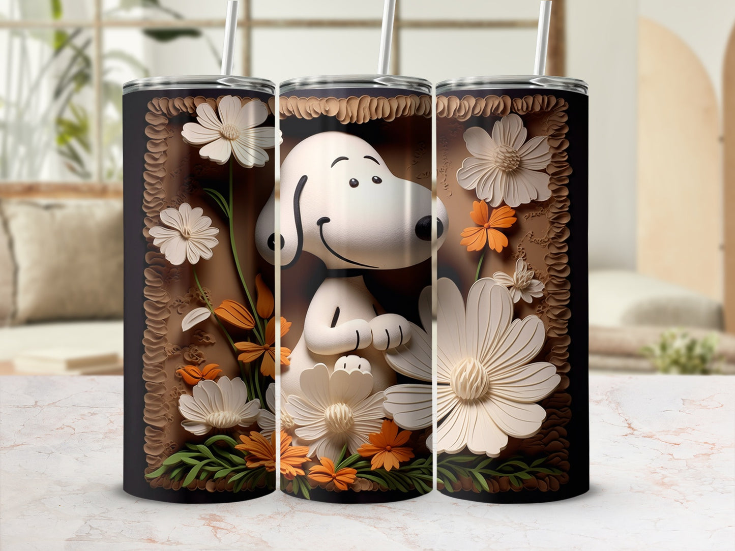 Floral Snoopy Design Tumbler with Straw Colorful Art