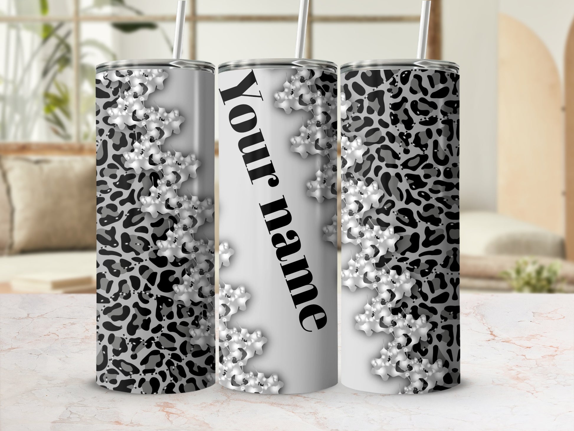 Personalized Floral Black Leopard Print Tumbler