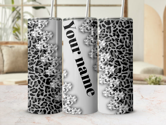 Personalized Floral Black Leopard Print Tumbler
