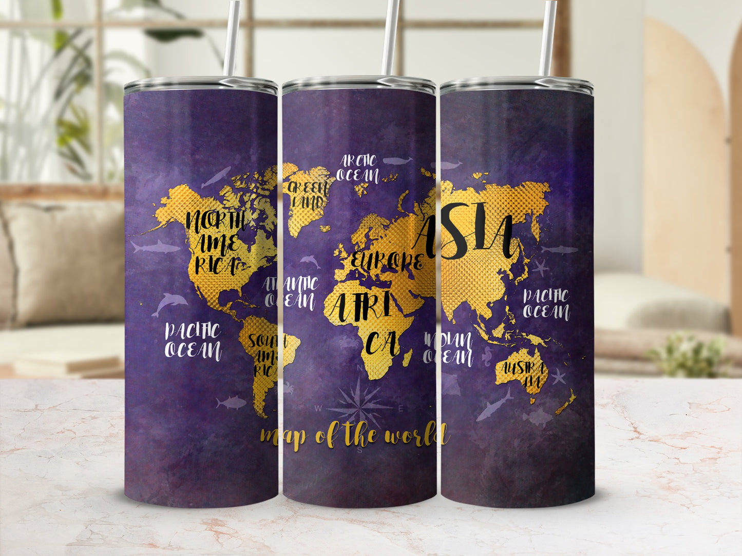 Purple Tumblr with gold world map, continents labeled, and subtle sea life.