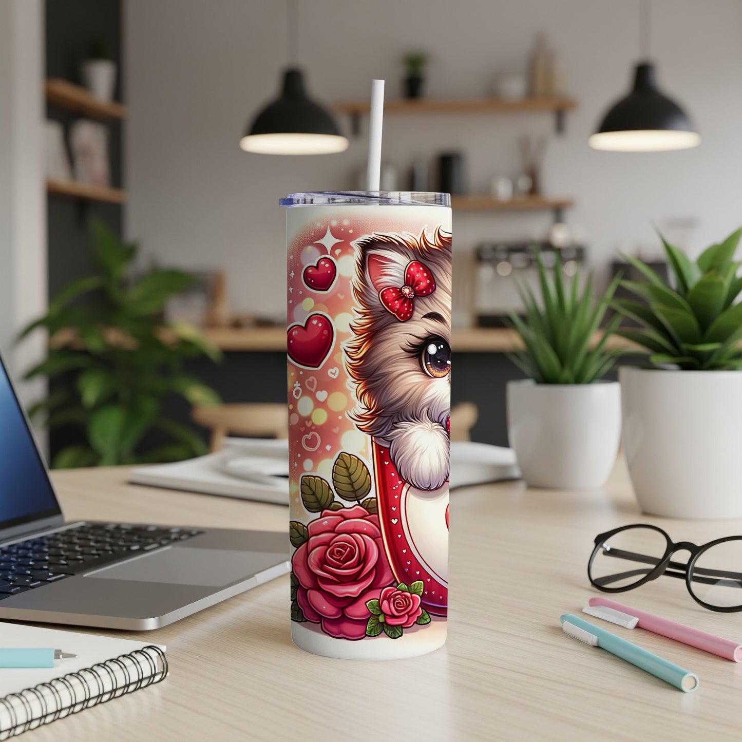 Yorkshire terrier with hearts and roses on a white tumbler with straw.