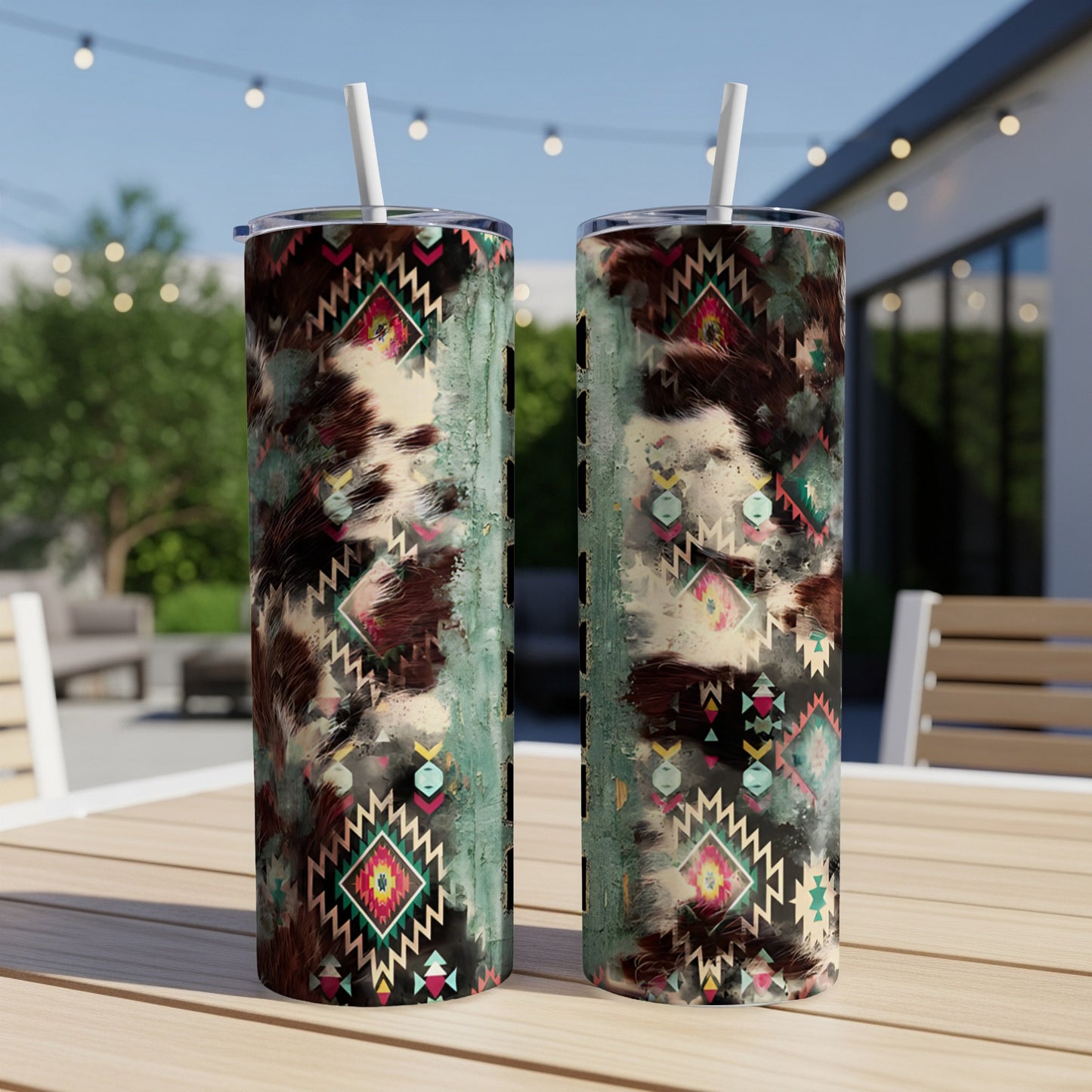 Two skinny tumblers with cowhide and geometric tribal patterns.