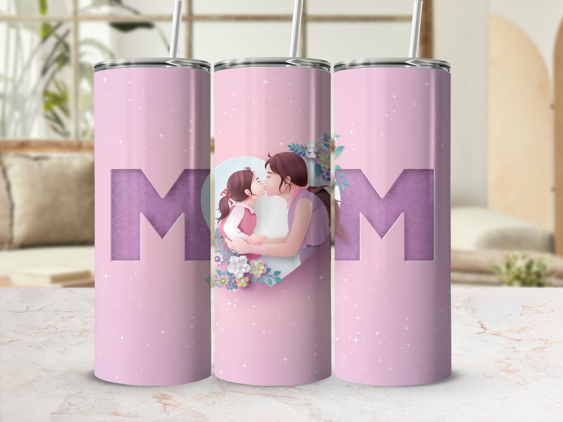 MOM Design with Floral and Kiss Artwork tumbler