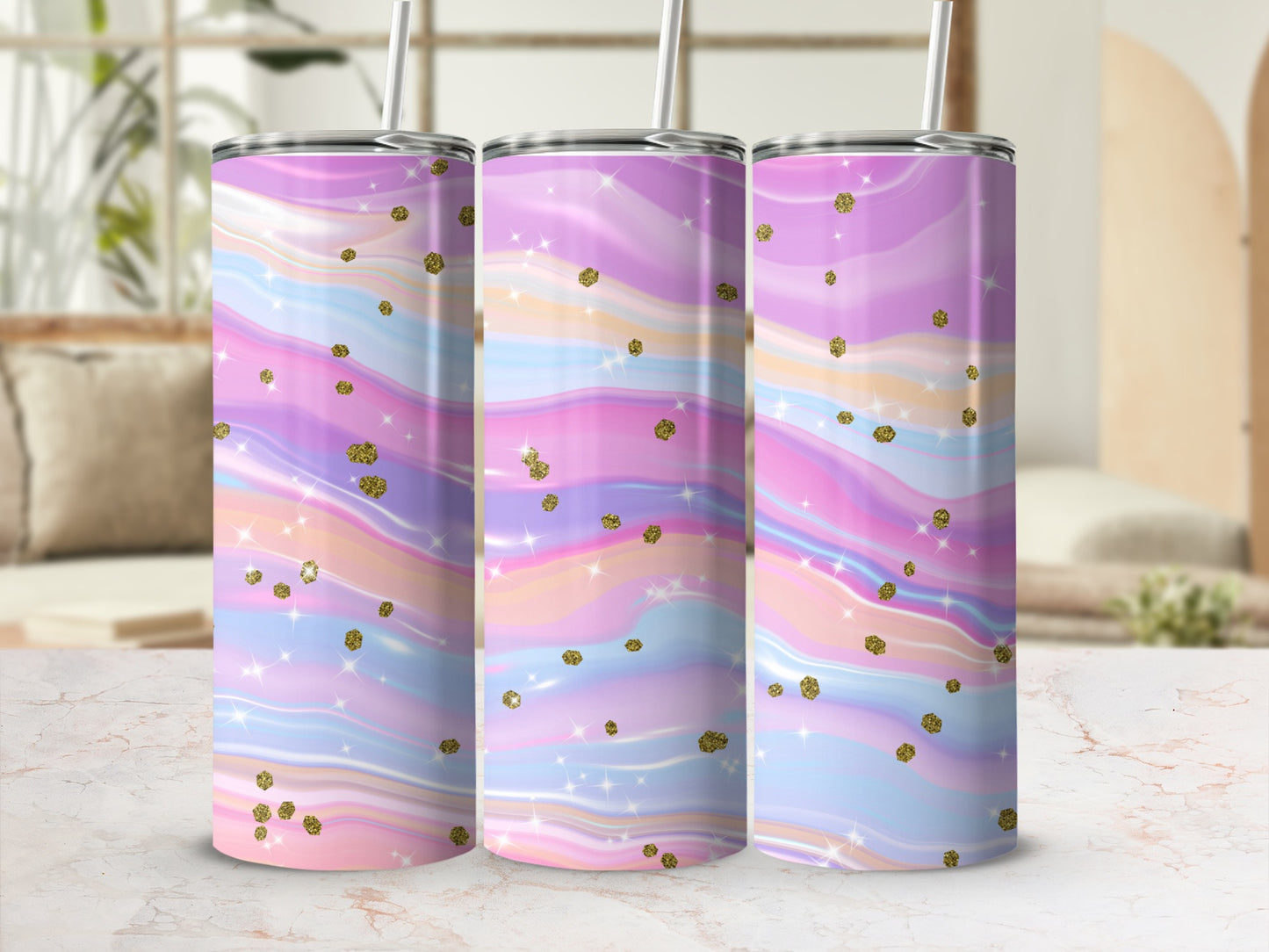 Three tumblers with a pastel marble pattern and gold glitter accents.