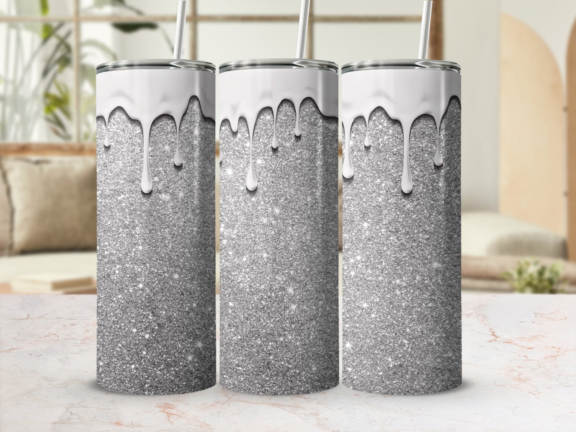 Silver Glitter Drip Tall Tumblers for Stylish Drinkware