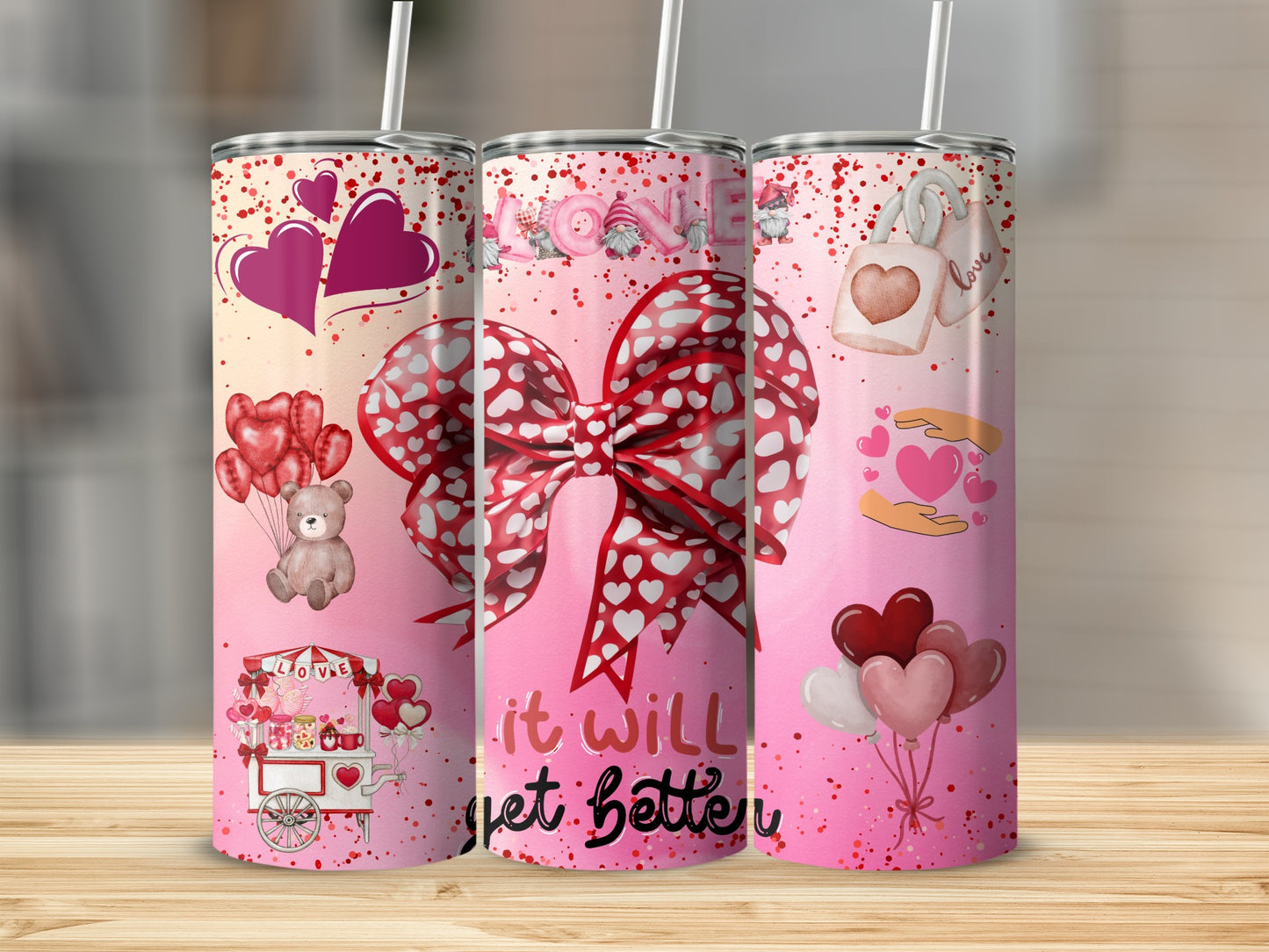 Valentine's Day Pink Tumbler with Heart Designs