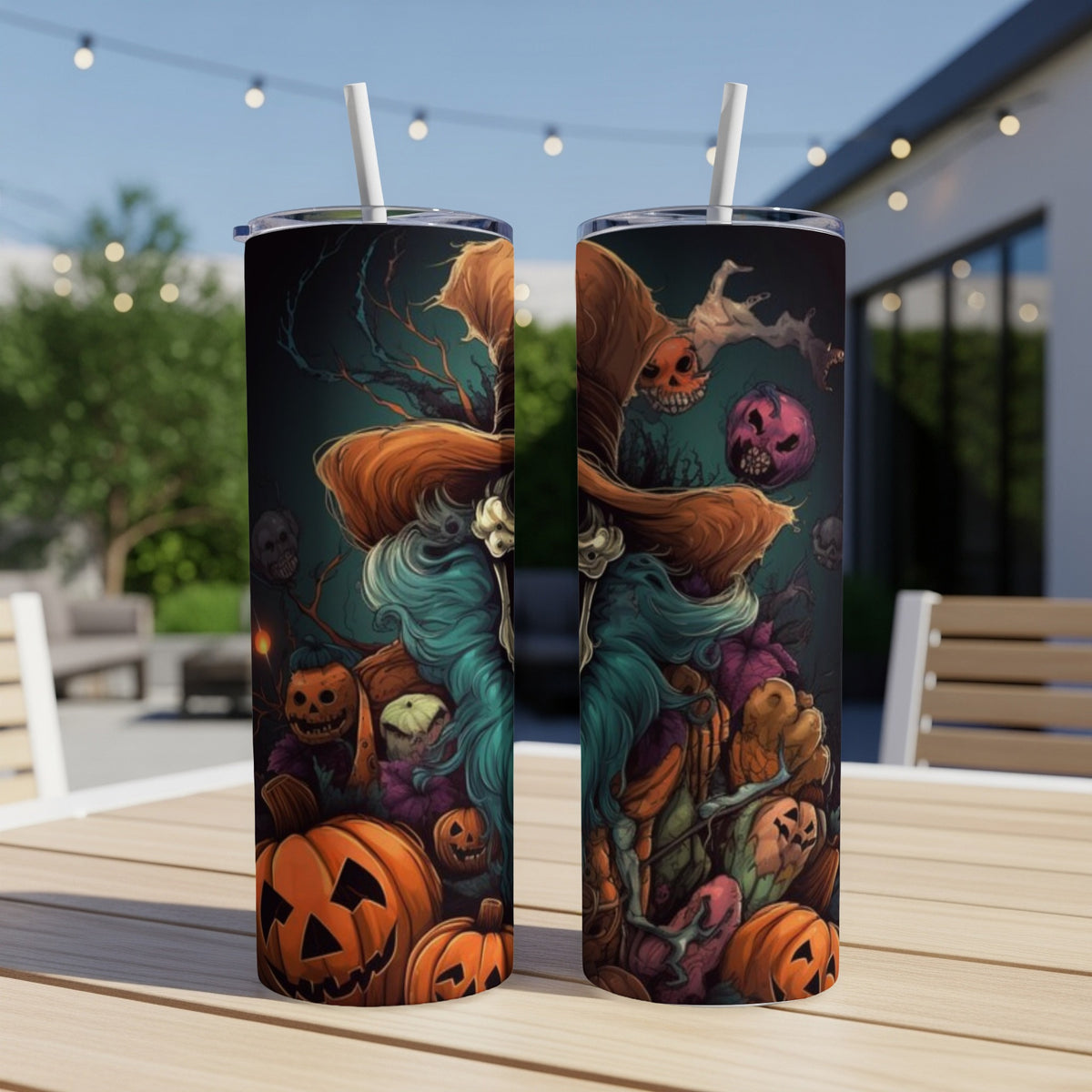 Two tumblers with a spooky Halloween witch and pumpkins design.