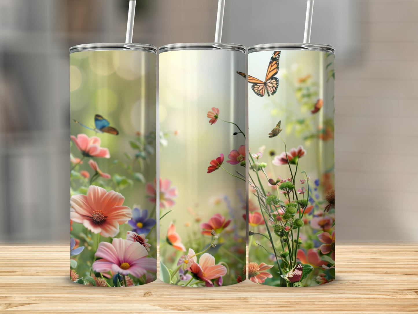Three tumblers with colorful wildflowers and butterflies, displayed on a wooden surface.