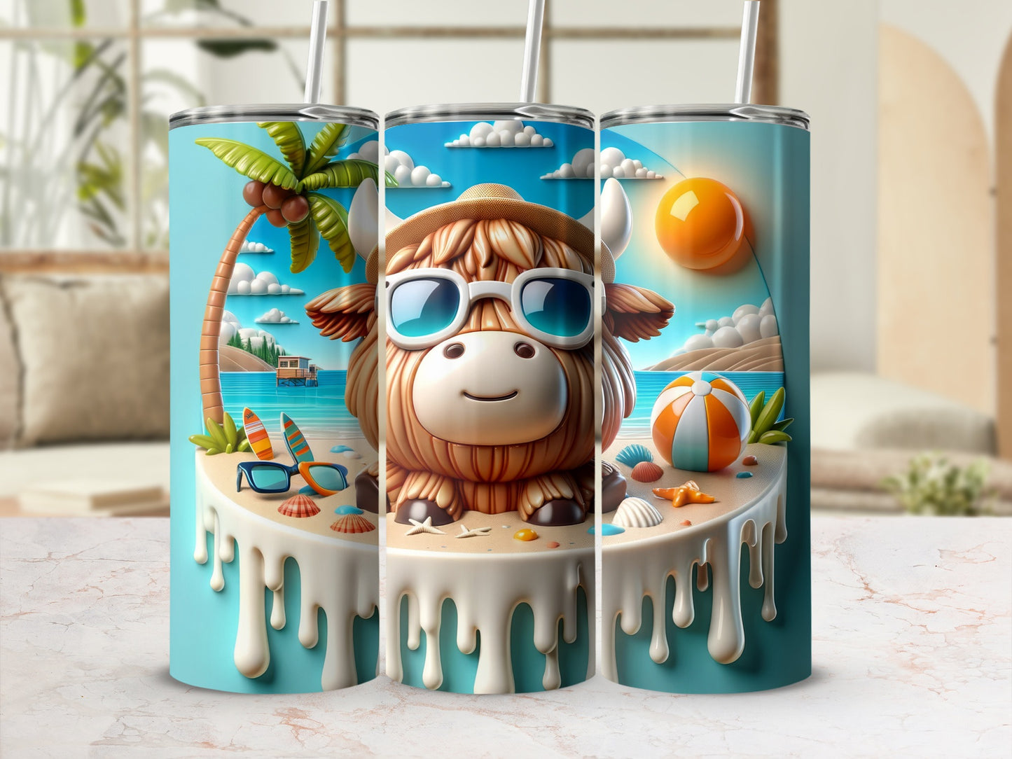 Three cartoon highland cows in sunglasses on a beach island with a beach ball.