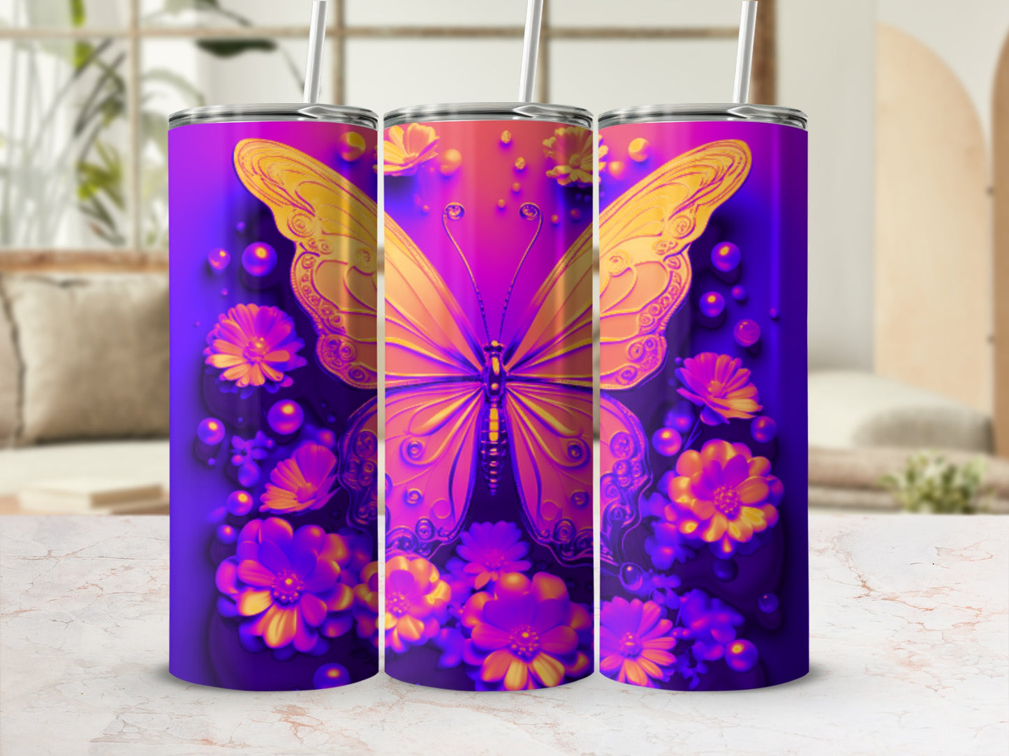 Tumbler with a large yellow butterfly and purple and pink flowers.