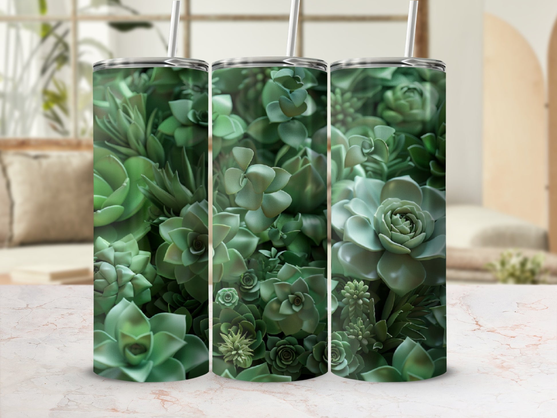 Three tall tumblers with a repeating succulent plant pattern.