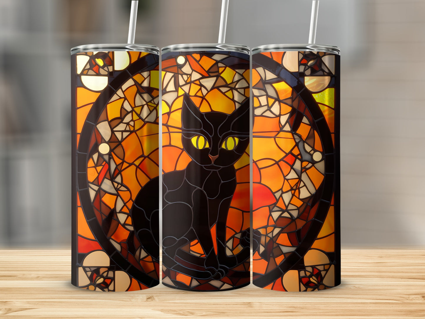 Black cat with yellow eyes on a stained glass window background.
