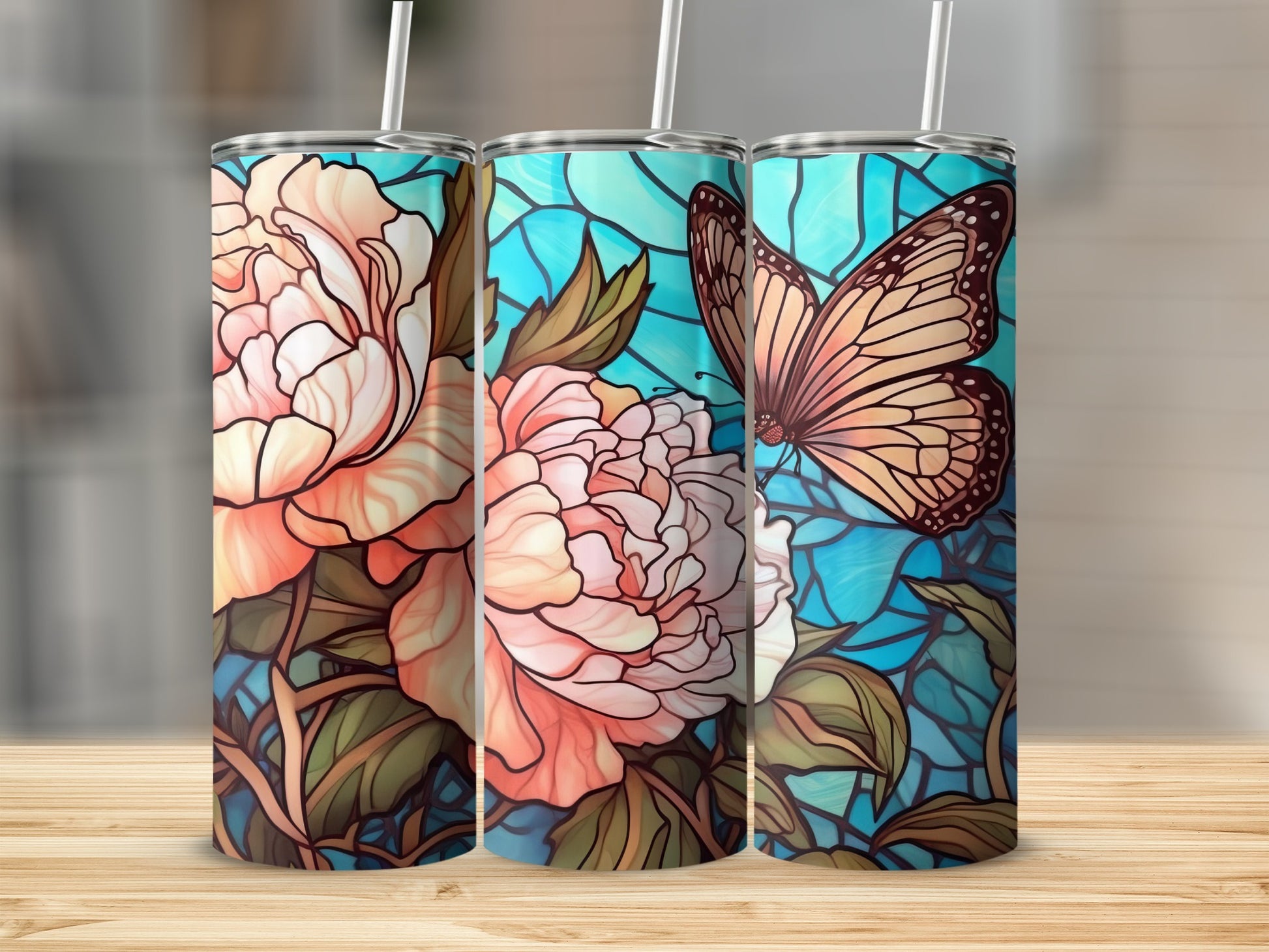 Floral stained glass pattern with a butterfly on a tumbler.