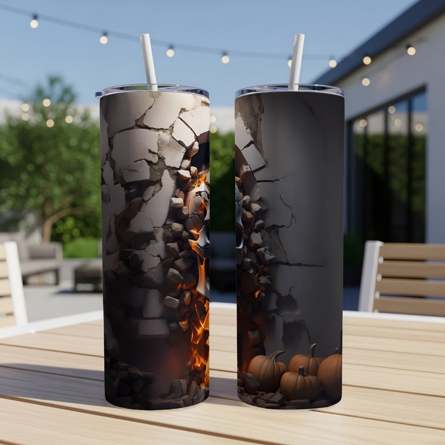 Two tumblers with cracked wall design, one with flames, the other with pumpkins.
