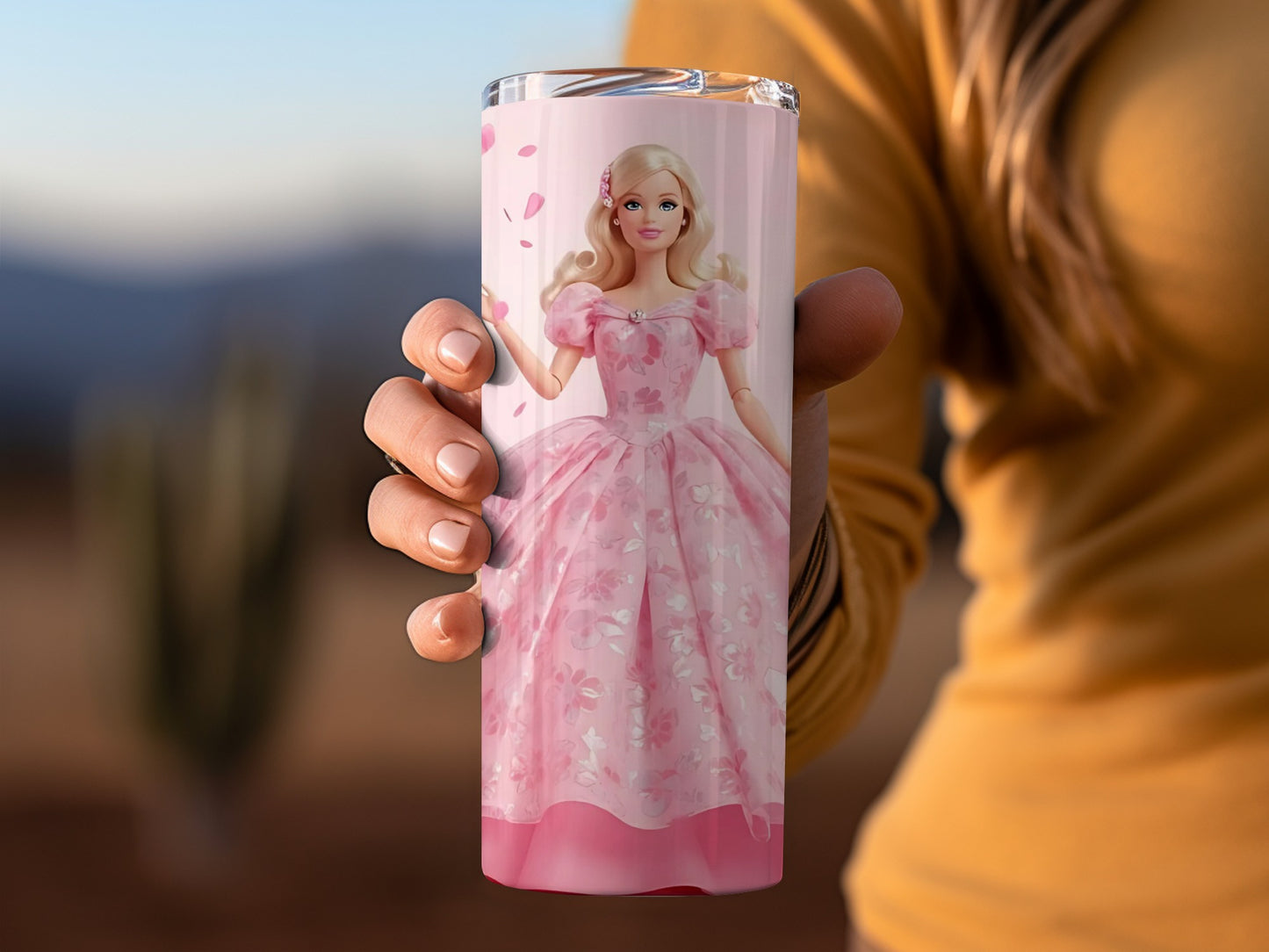 Barbie Pink Dress Floral Design Pink Background Tumblers