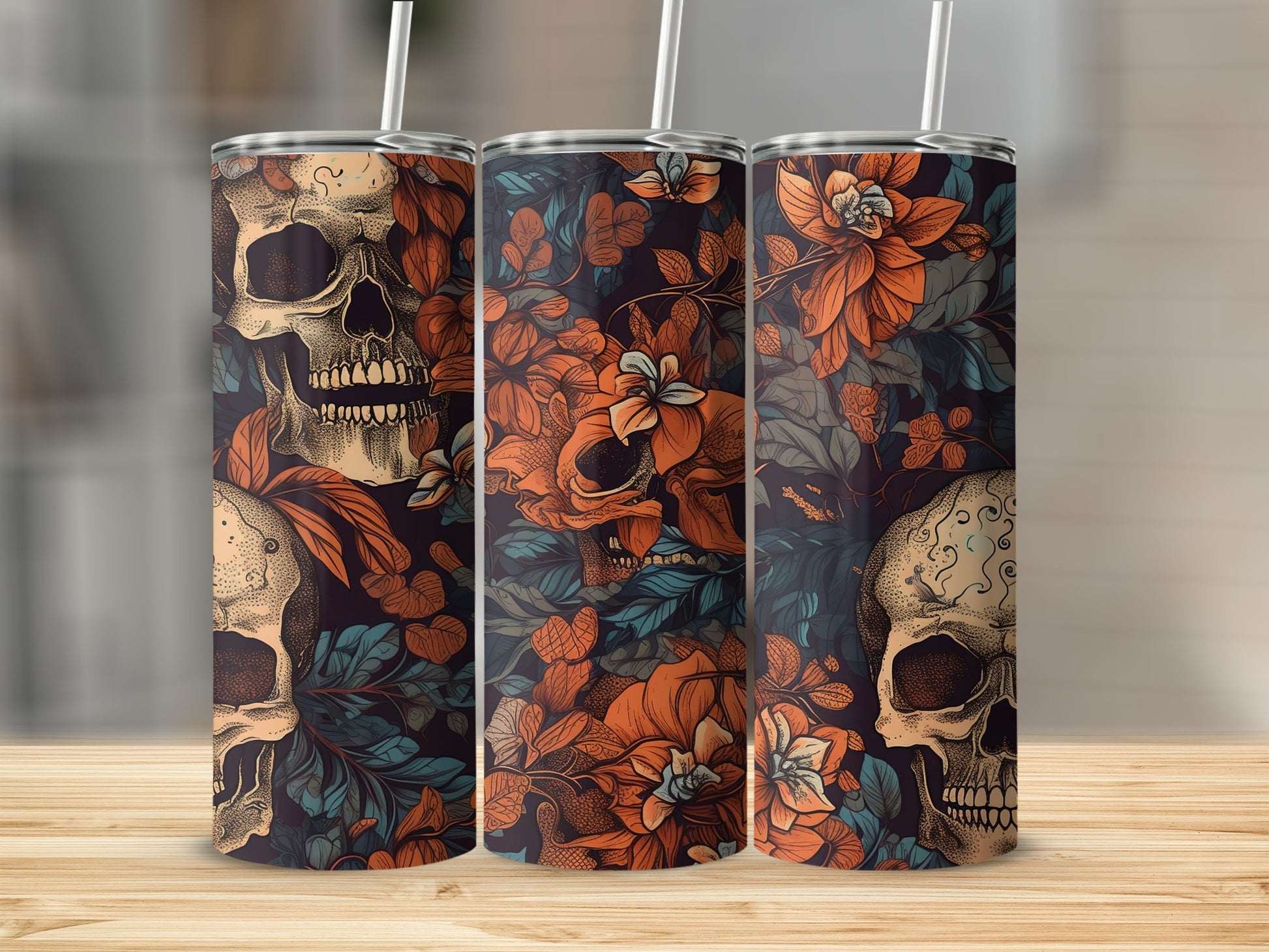 Floral Skull Art on Dark Background Tumbler Product