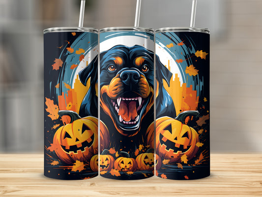 Three tumblers with Rottweiler and jack-o'-lantern Halloween design.