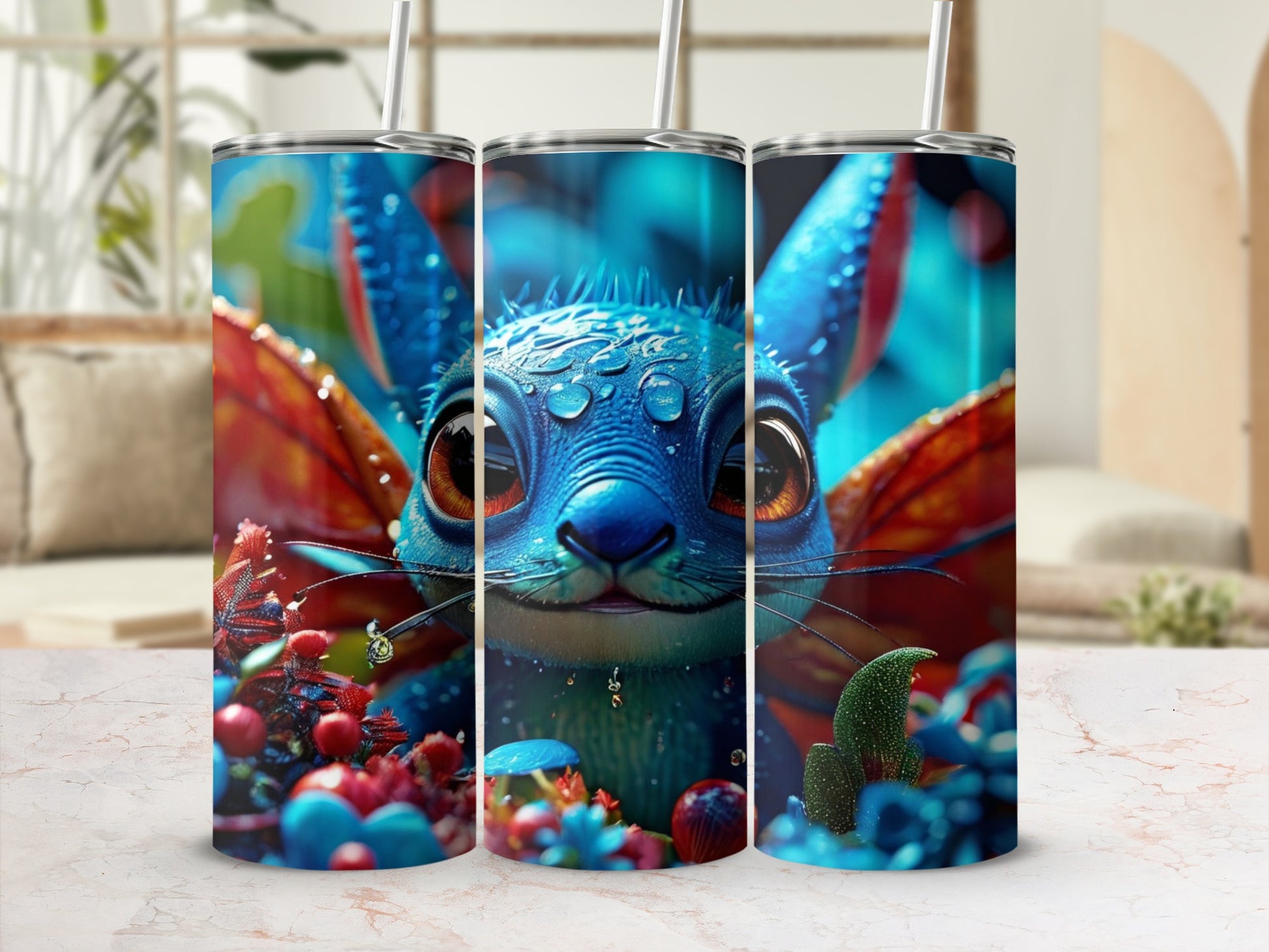 Three tumblers featuring a blue, dragon-like creature with large eyes.