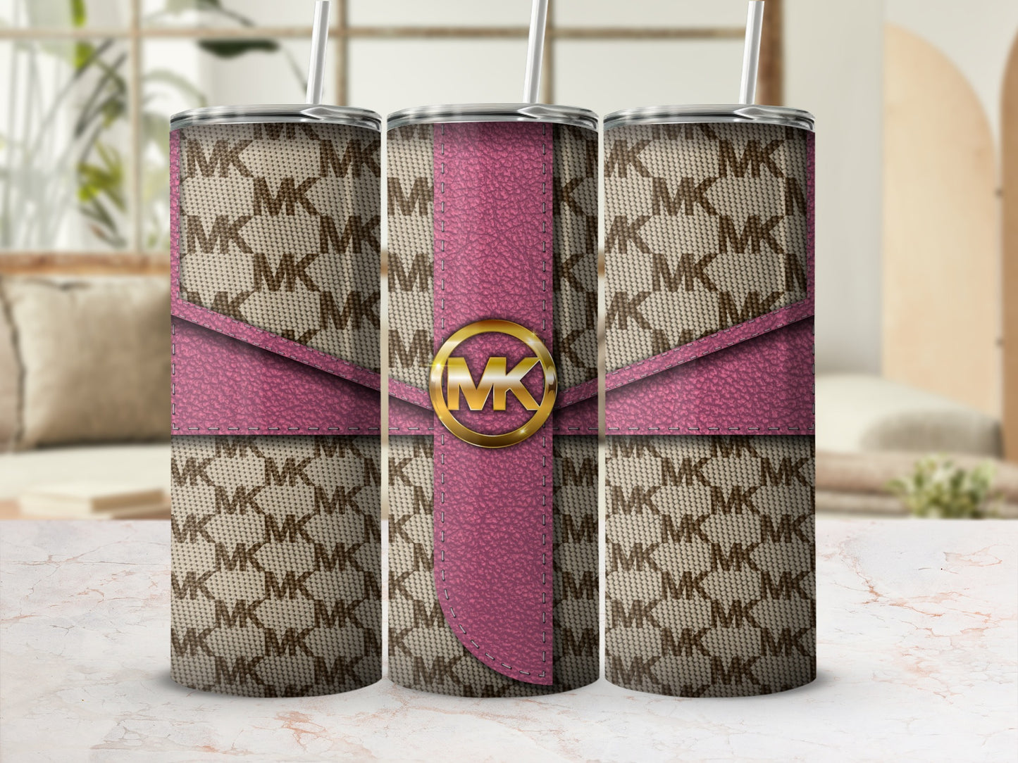 Stylish MK Pattern Tumbler with Pink Accents Travel Mug