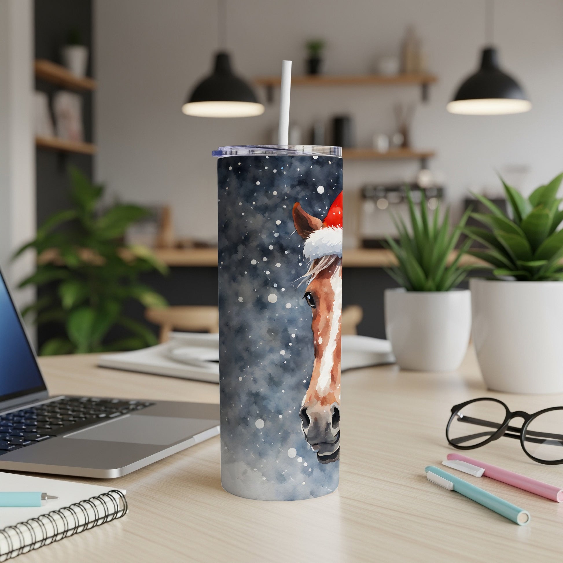 Horse wearing Santa hat on a speckled tumbler.