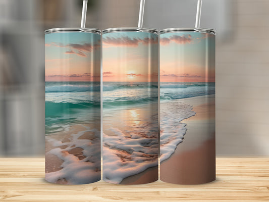 Three tumblers with a sunset beach scene wrap design.