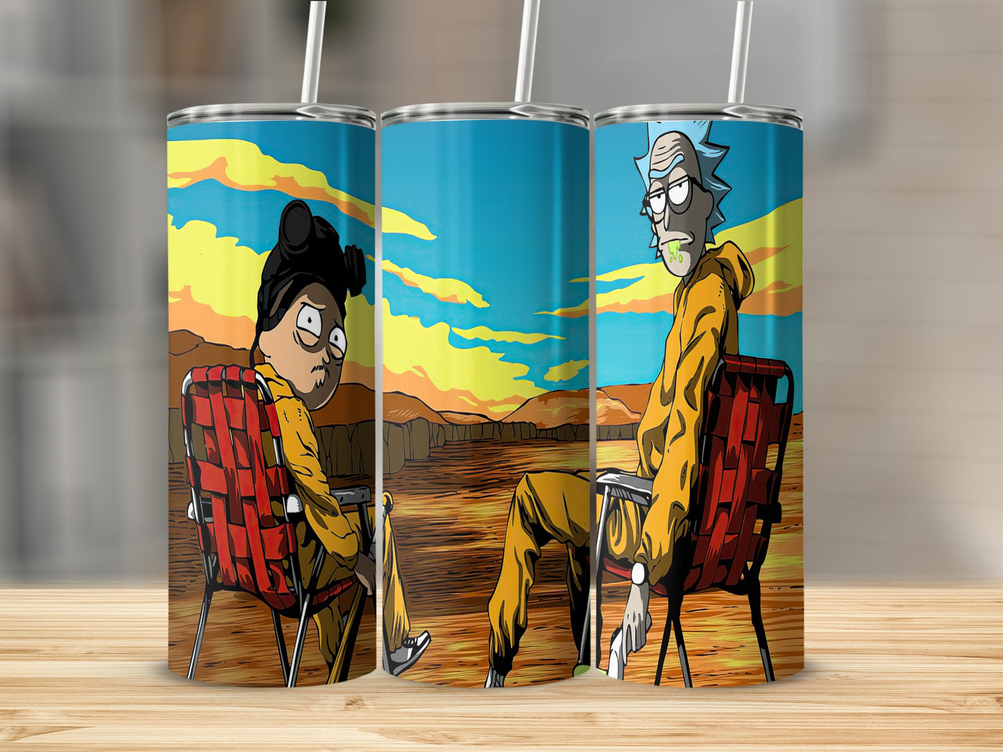 Animated Characters Sitting in Chairs Illustration Tumbler
