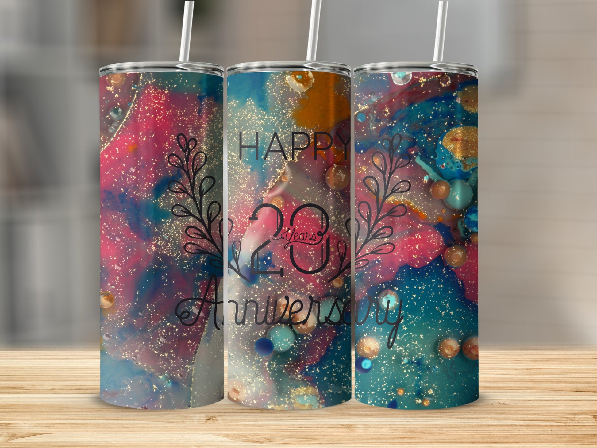 "Happy 20th Anniversary" text on a colorful abstract tumbler design.