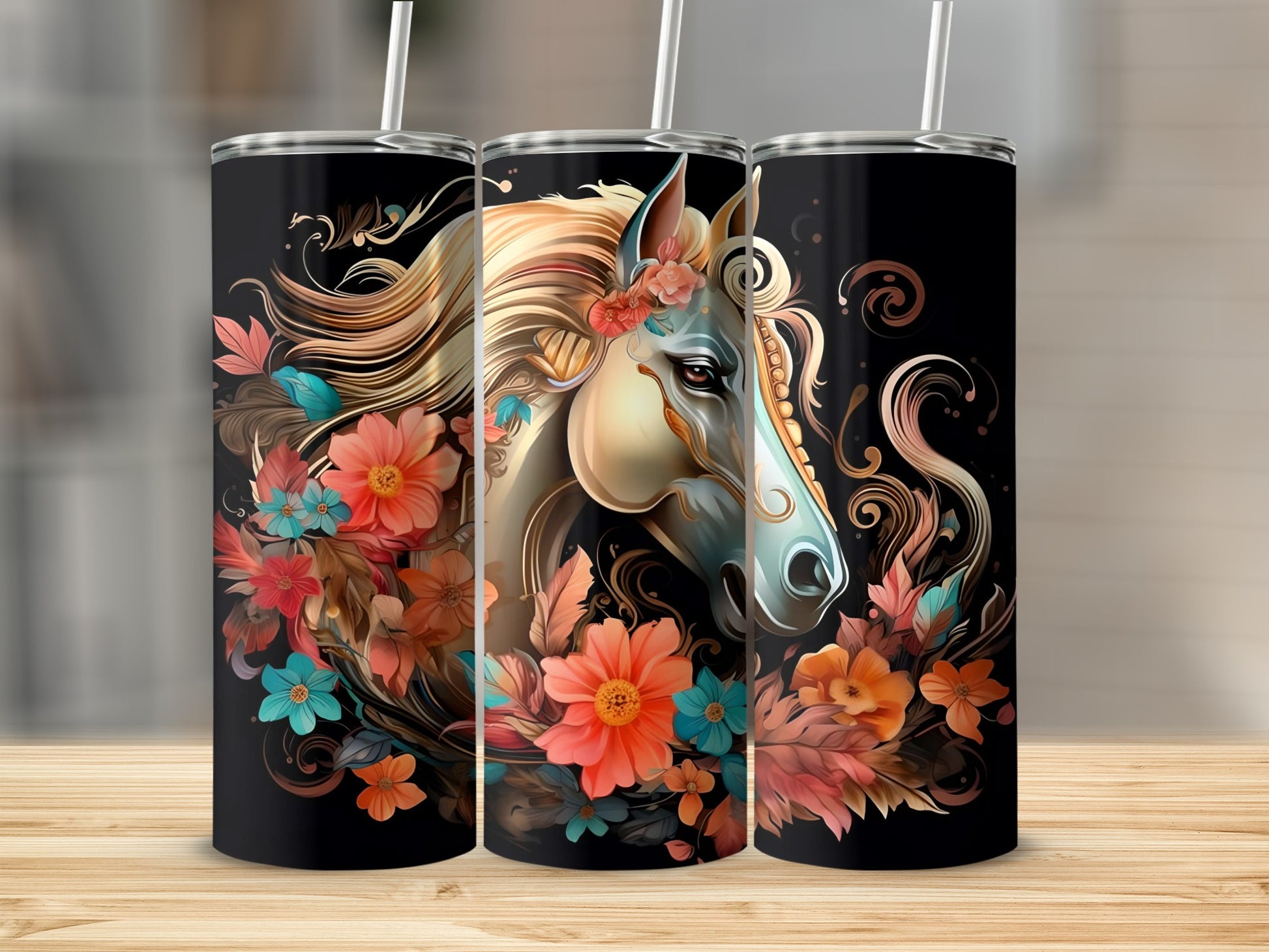Majestic Horse Design With Flowers Tumbler