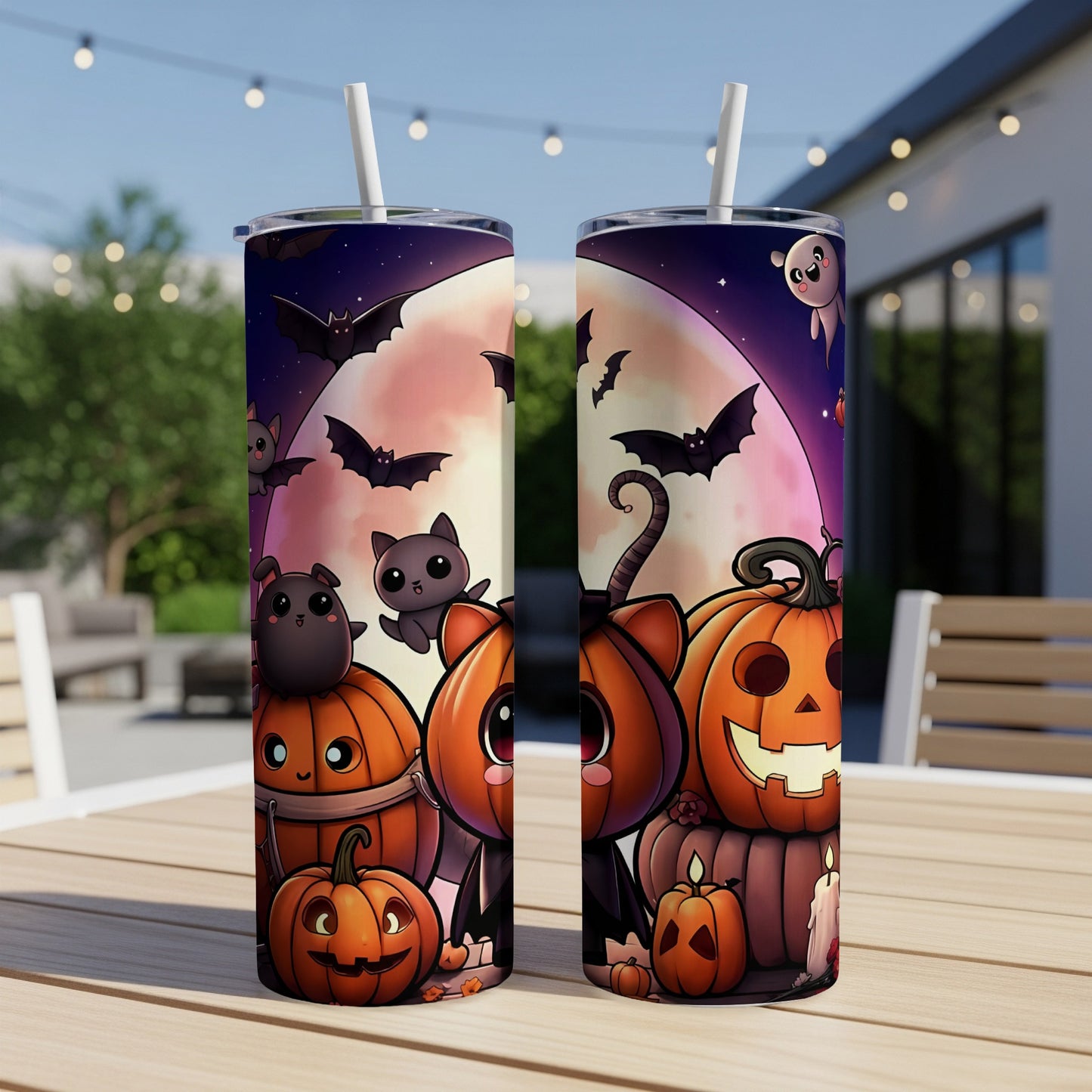 Halloween tumblers with pumpkins, bats, and cute ghost.